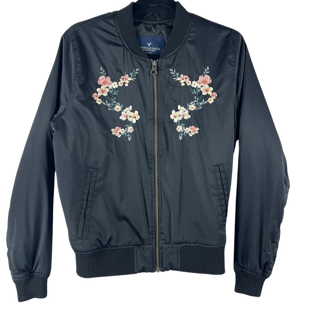 American Eagle Bomber Jacket Embroidered Cherry Blossom Full Zip Women’s Size M